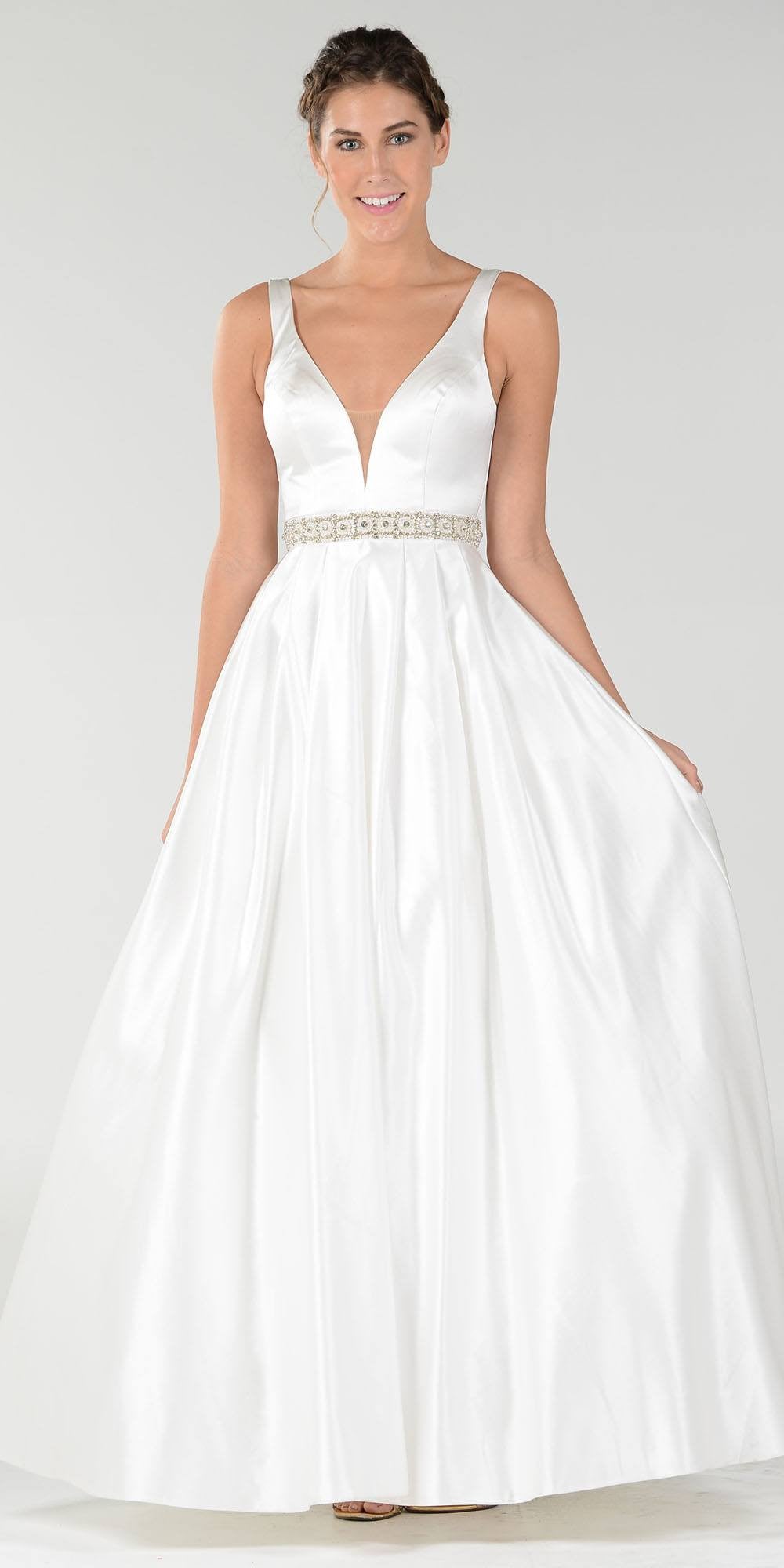 Poly USA 7932 Embellished Waist Plunging V-Neck Off White Satin Ball Gown A-Line