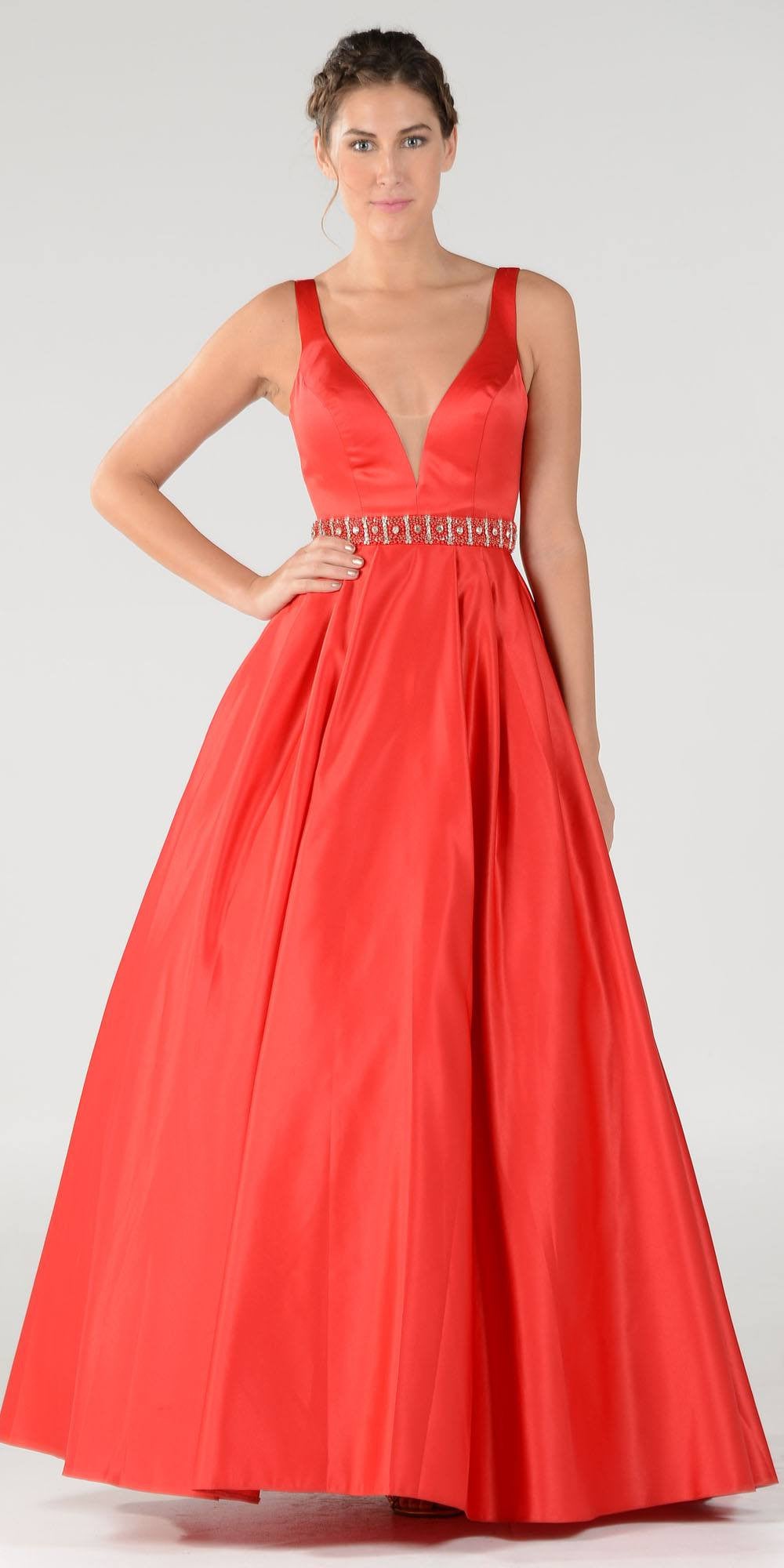 Poly USA 7932 Embellished Waist Plunging V-Neck Red Satin Ball Gown A-Line