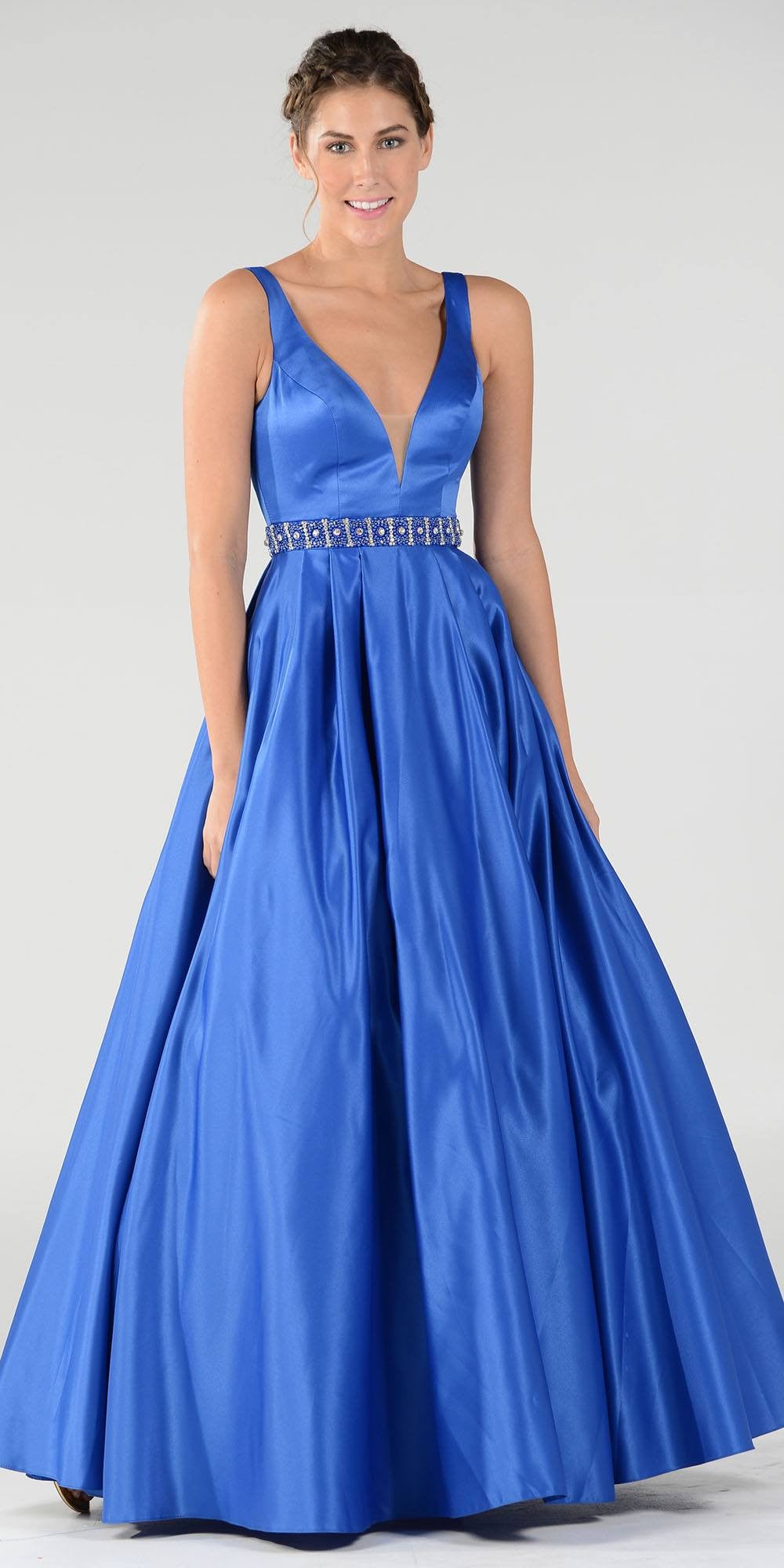 Poly USA 7932 Embellished Waist Plunging V-Neck Royal Blue Satin Ball Gown A-Line
