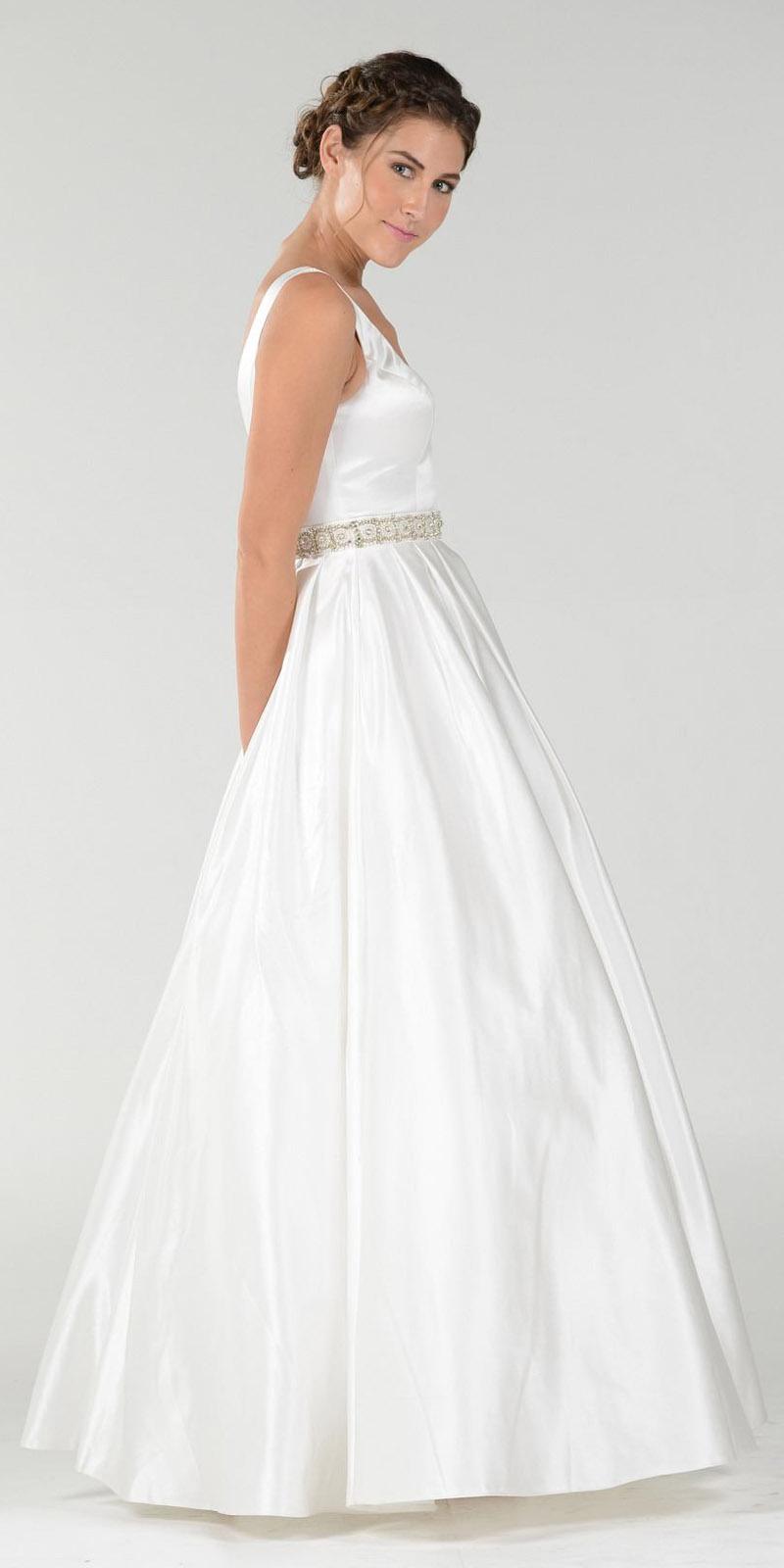Poly USA 7932 Embellished Waist Plunging V-Neck Off White Satin Ball Gown A-Line