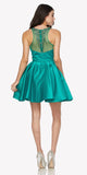 Green Beaded Scoop Neck Short Satin Prom Dress Illusion Back Sleeveless 