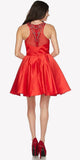 Red Beaded Scoop Neck Short Satin Prom Dress Illusion Back Sleeveless 