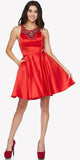 Red Beaded Scoop Neck Short Satin Prom Dress Illusion Back Sleeveless 