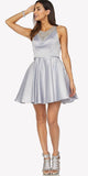 Silver Beaded Scoop Neck Short Satin Prom Dress Illusion Back Sleeveless 