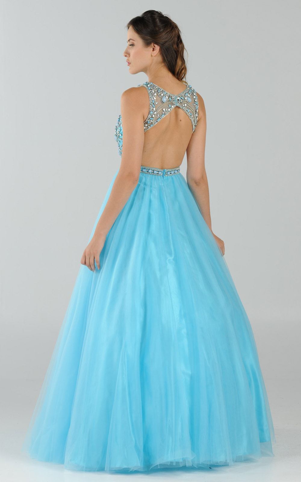 Poly USA 7940 Cut-Out Back Beaded Illusion Bodice Mesh Ball Gown Sleeveless Blue Back View