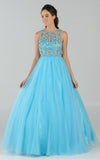 Poly USA 7940 Cut-Out Back Beaded Illusion Bodice Mesh Ball Gown Sleeveless Blue
