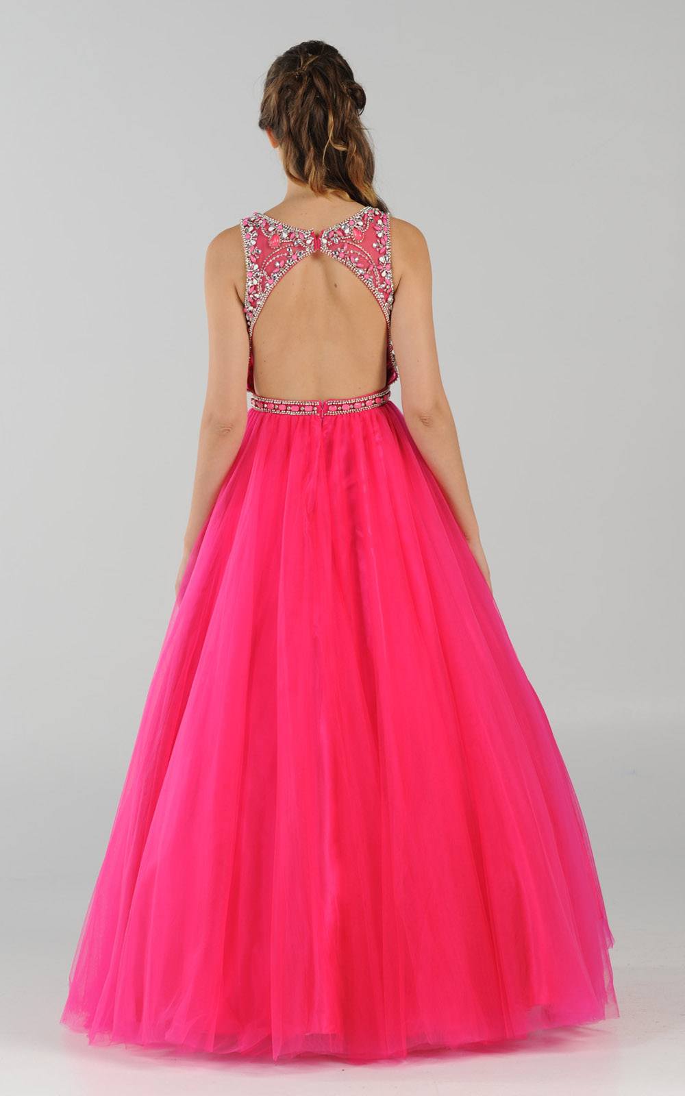 Poly USA 7940 Cut-Out Back Beaded Illusion Bodice Mesh Ball Gown Sleeveless Fuchsia Back View