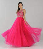 Poly USA 7940 Cut-Out Back Beaded Illusion Bodice Mesh Ball Gown Sleeveless Fuchsia Back View Full View