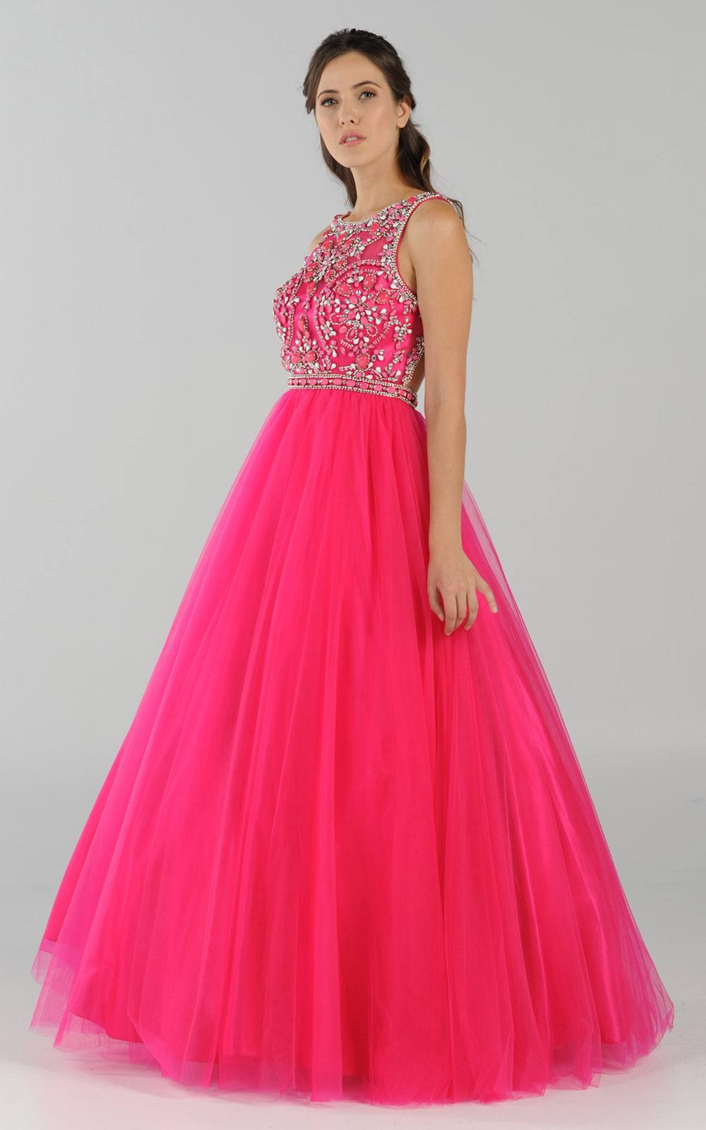 Poly USA 7940 Cut-Out Back Beaded Illusion Bodice Mesh Ball Gown Sleeveless Fuchsia