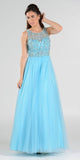 Cut-Out Back Beaded Illusion Bodice Mesh Ball Gown Sleeveless Blue