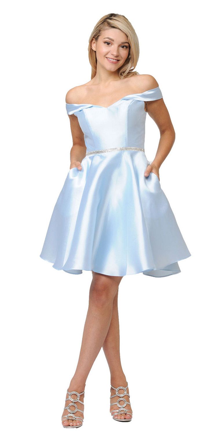 Poly USA Light Blue Off Shoulder A-Line Short Homecoming Dress 