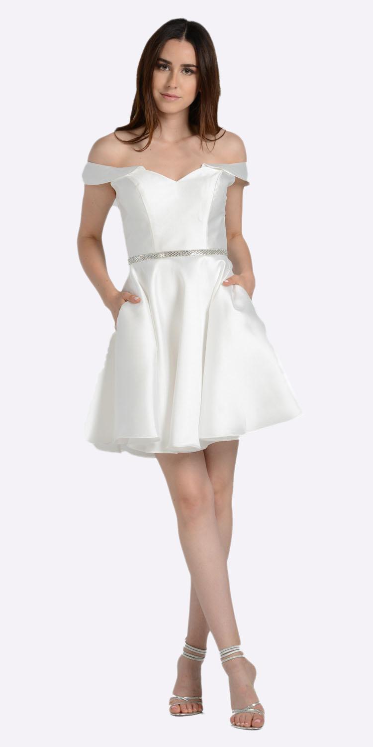 Off White Off Shoulder A-Line Short Homecoming Dress 