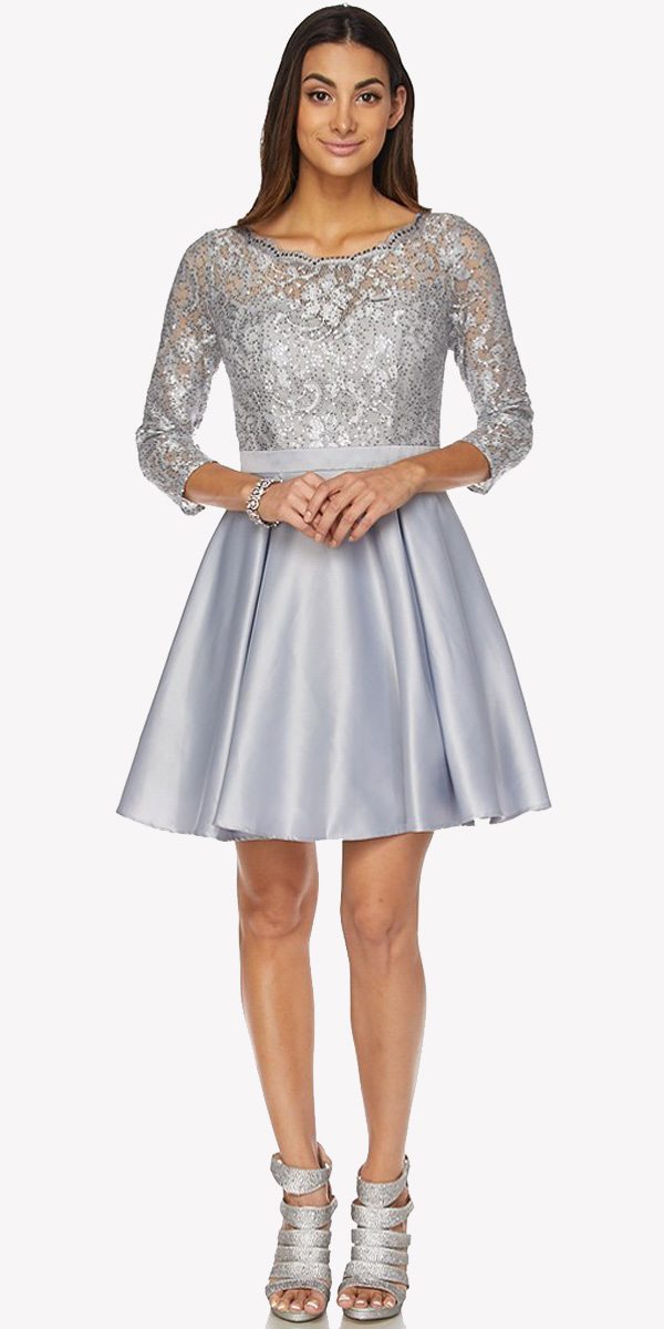 Lace Sequins Top Mid-Length Sleeves A-Line Short Prom Dress Silver