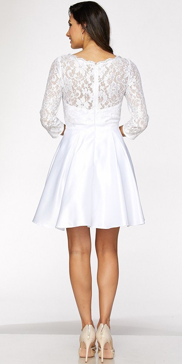 Lace Sequins Top Mid-Length Sleeves A-Line Short Prom Dress White