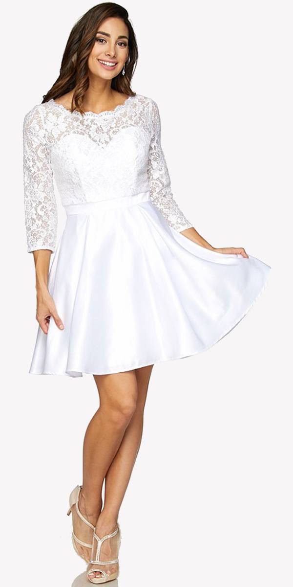 Lace Sequins Top Mid-Length Sleeves A-Line Short Prom Dress White