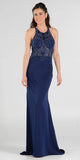 Sheer Beaded Bodice Racer Cut-Out Back Mermaid Evening Gown Navy Blue 