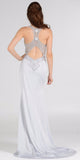 Sheer Beaded Bodice Racer Cut-Out Back Mermaid Evening Gown Silver