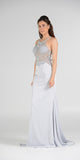 Sheer Beaded Bodice Racer Cut-Out Back Mermaid Evening Gown Silver