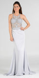 Sheer Beaded Bodice Racer Cut-Out Back Mermaid Evening Gown Silver