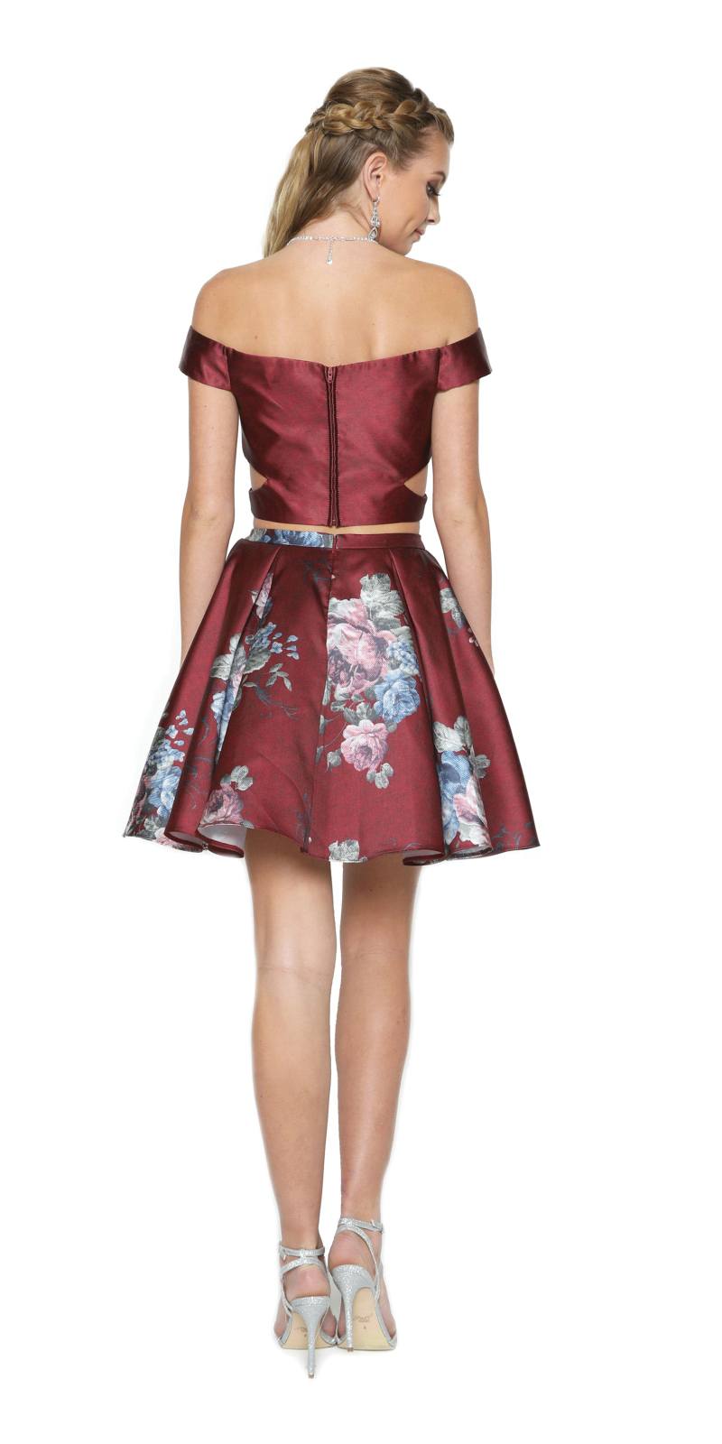 Burgundy Print Skirt Two-Piece Homecoming Dress Off-Shoulder