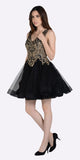 Black/Gold Cut Out Back Short Prom Dress Appliqued Bodice V-Neck
