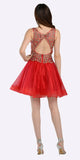 Burgundy/Gold Cut Out Back Short Prom Dress Appliqued Bodice V-Neck