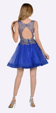 Royal Blue/Gold Cut Out Back Short Prom Dress Appliqued Bodice V-Neck