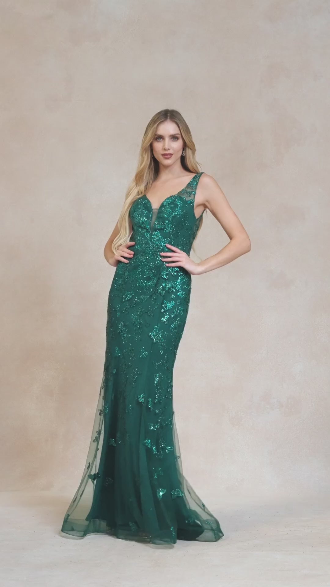 Juliet 294 Long Butterfly Appliques Low V-Neck Prom Dress