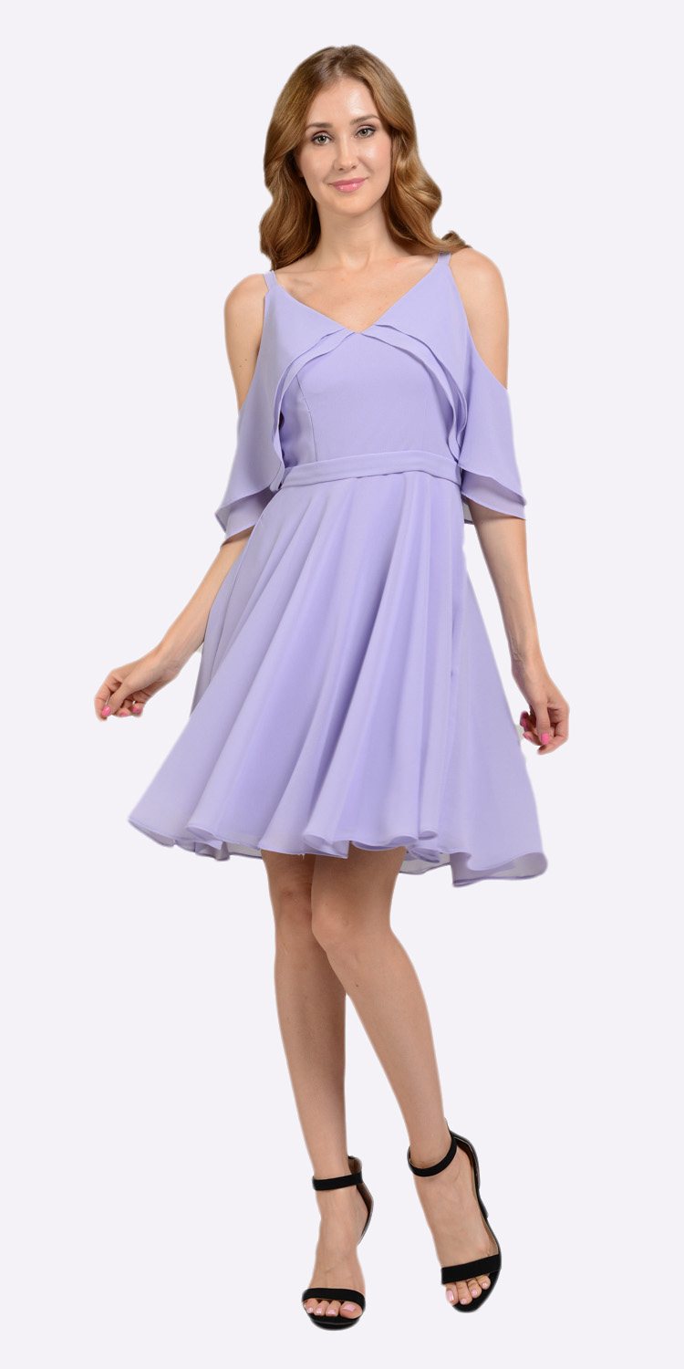 Lilac Short Party Dress Cold Shoulder with Flutter Sleeves