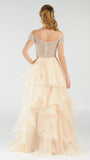 Light-Champagne Beaded Off-the-Shoulder Tiered Prom Gown