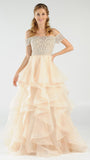 Light-Champagne Beaded Off-the-Shoulder Tiered Prom Gown