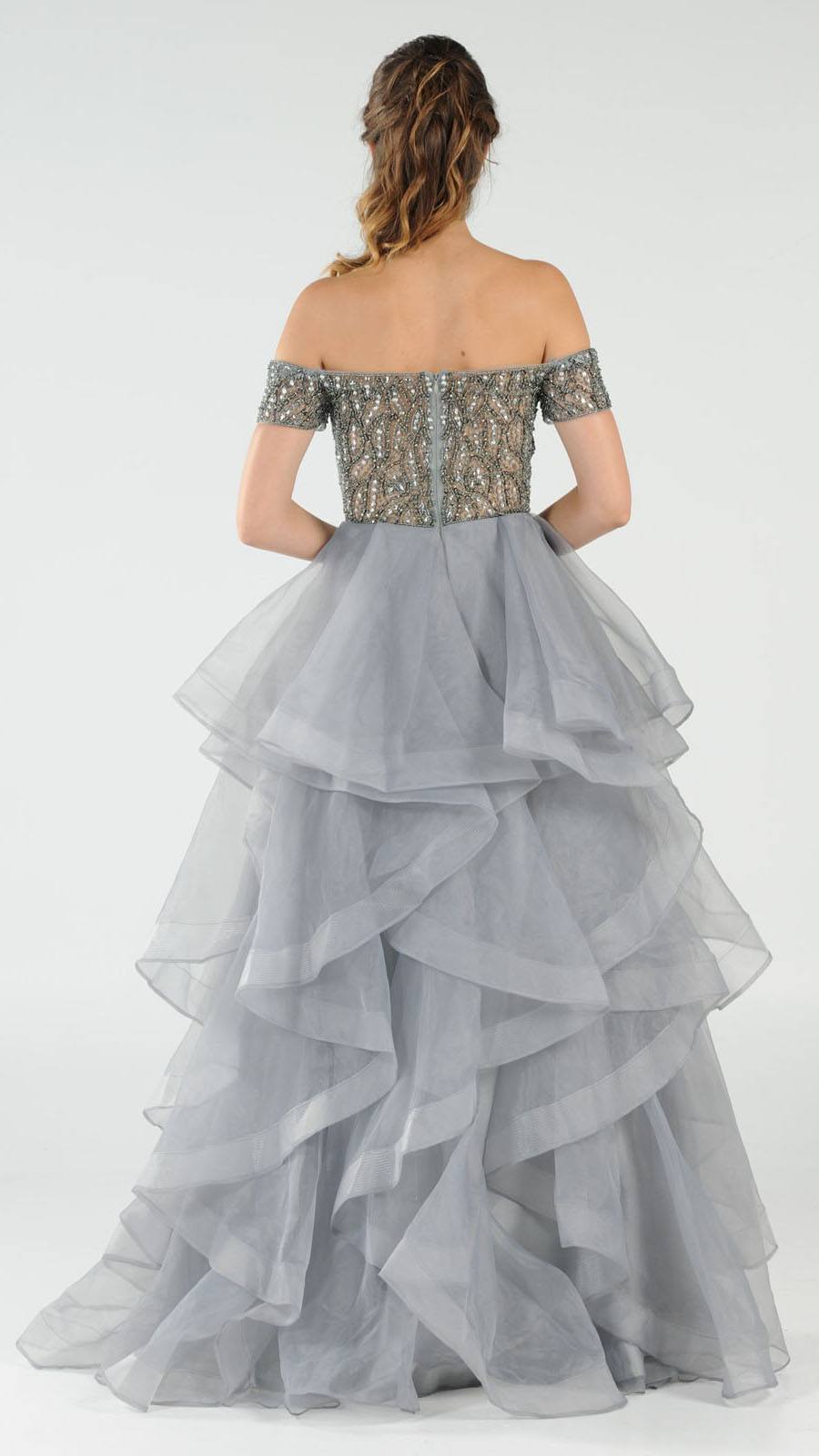 Gray Beaded Off-the-Shoulder Tiered Prom Gown