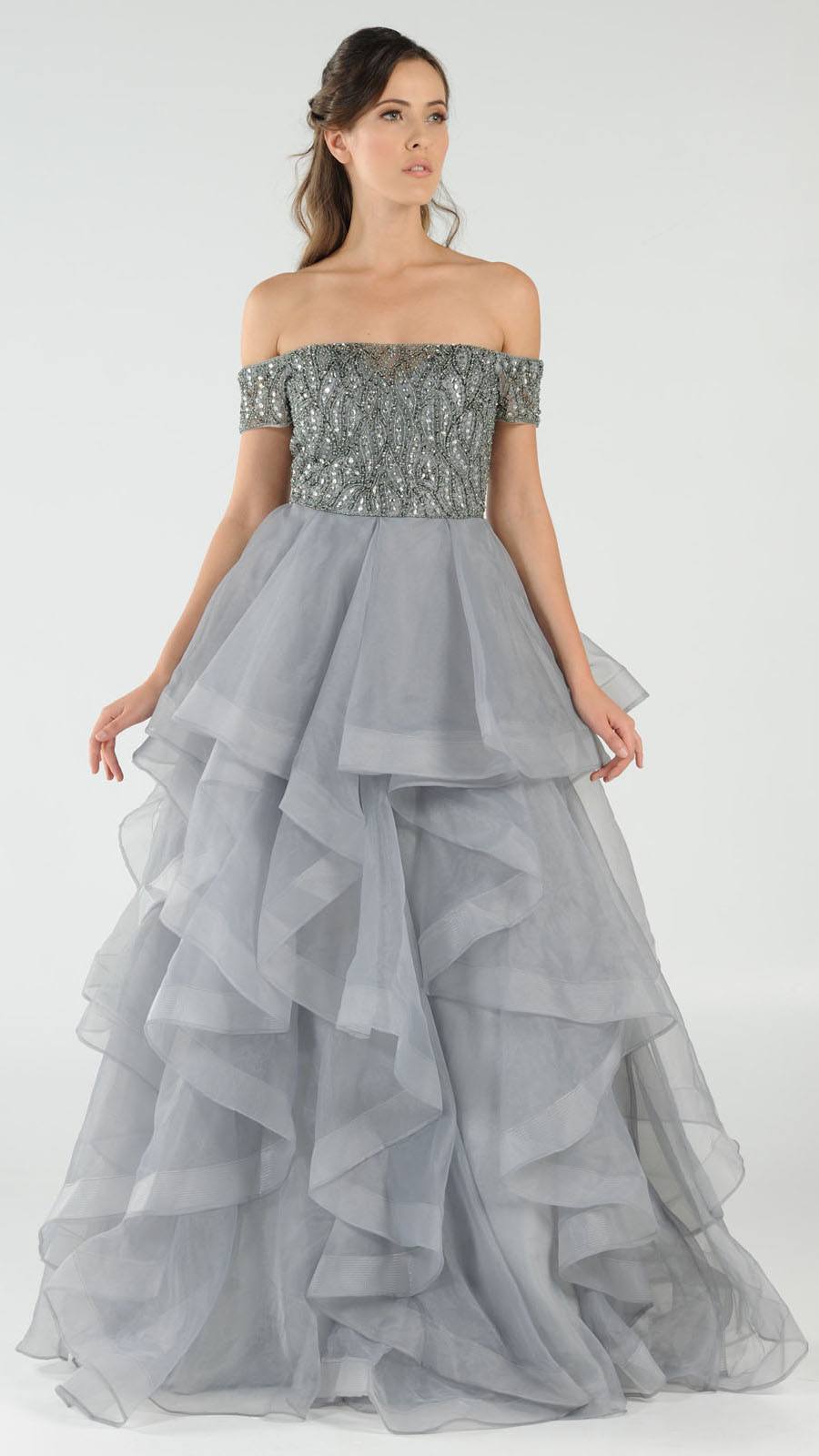 Gray Beaded Off-the-Shoulder Tiered Prom Gown