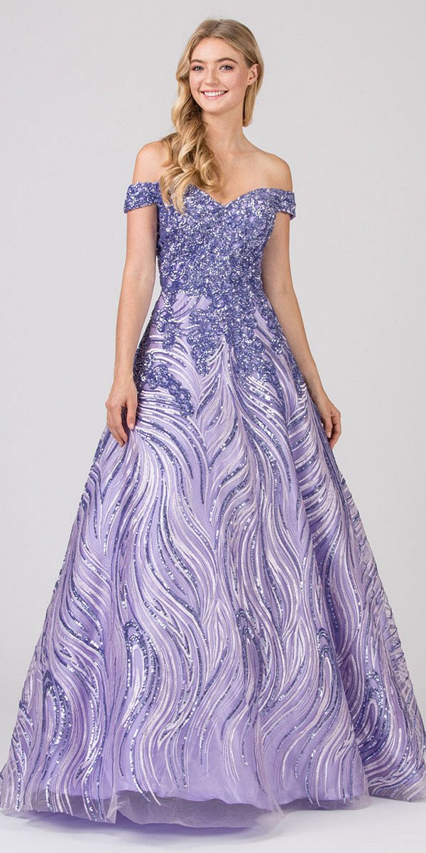 Off-Shoulder Sequins and Appliqued Prom Ball Gown Lilac