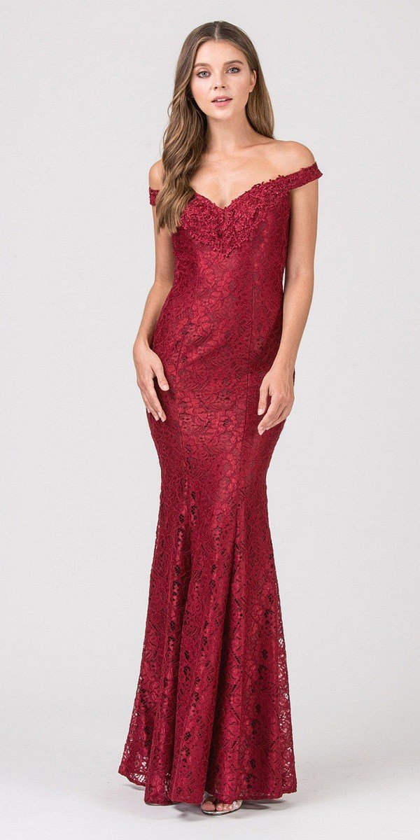 Eureka Fashion 8030 Lace Off-the-Shoulder Long Formal Dress Burgundy