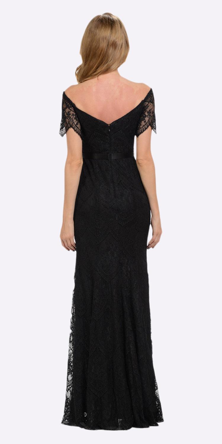 Poly USA 8030 Off Shoulder Lace Fit and Flare Evening Gown Black