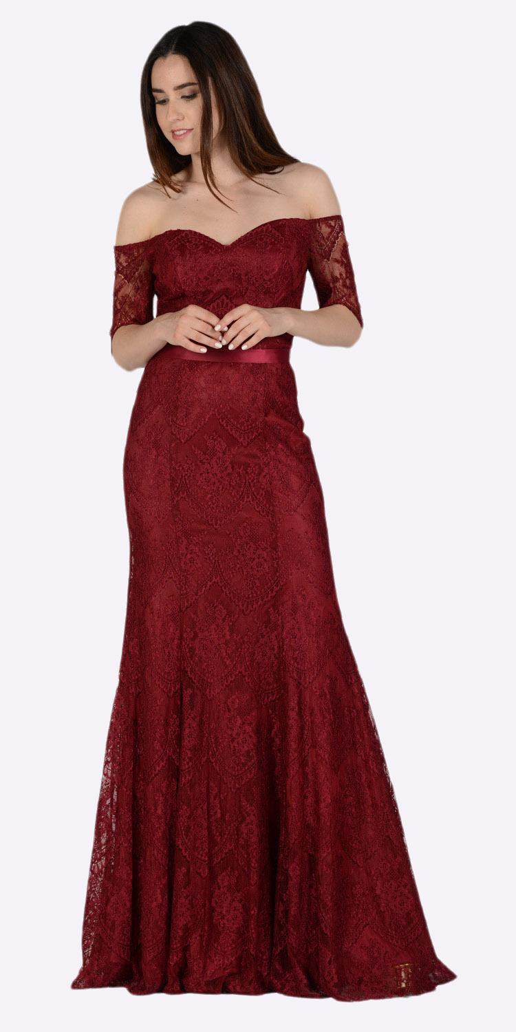 Poly USA 8030 Off Shoulder Lace Fit and Flare Evening Gown Burgundy