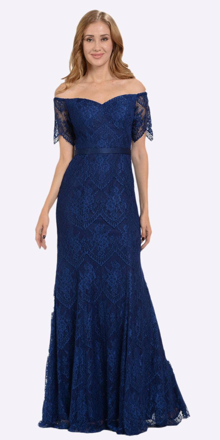Poly USA 8030 Off Shoulder Lace Fit and Flare Evening Gown Navy Blue