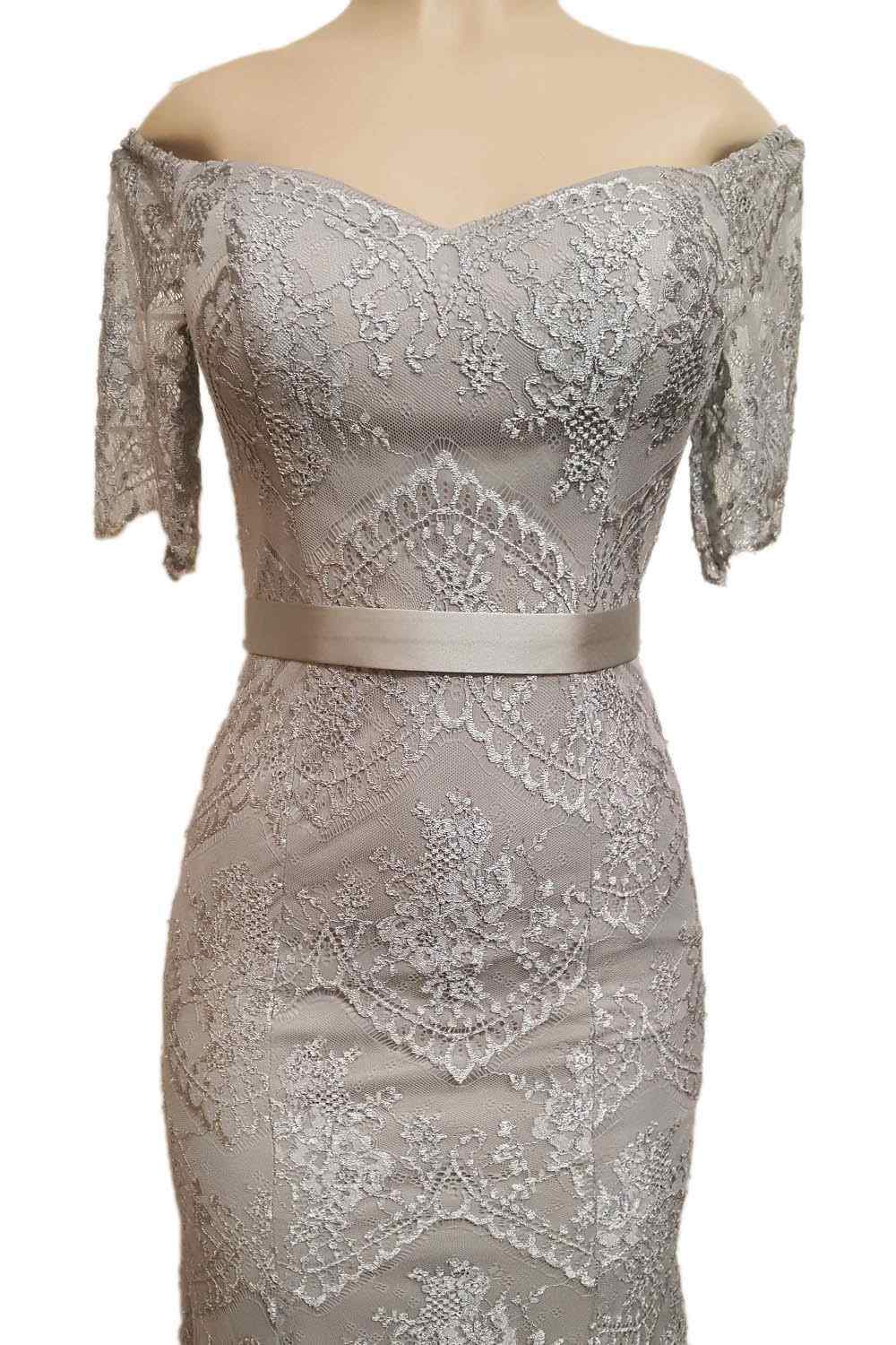 Poly USA 8030 Off Shoulder Lace Fit and Flare Evening Gown Silver
