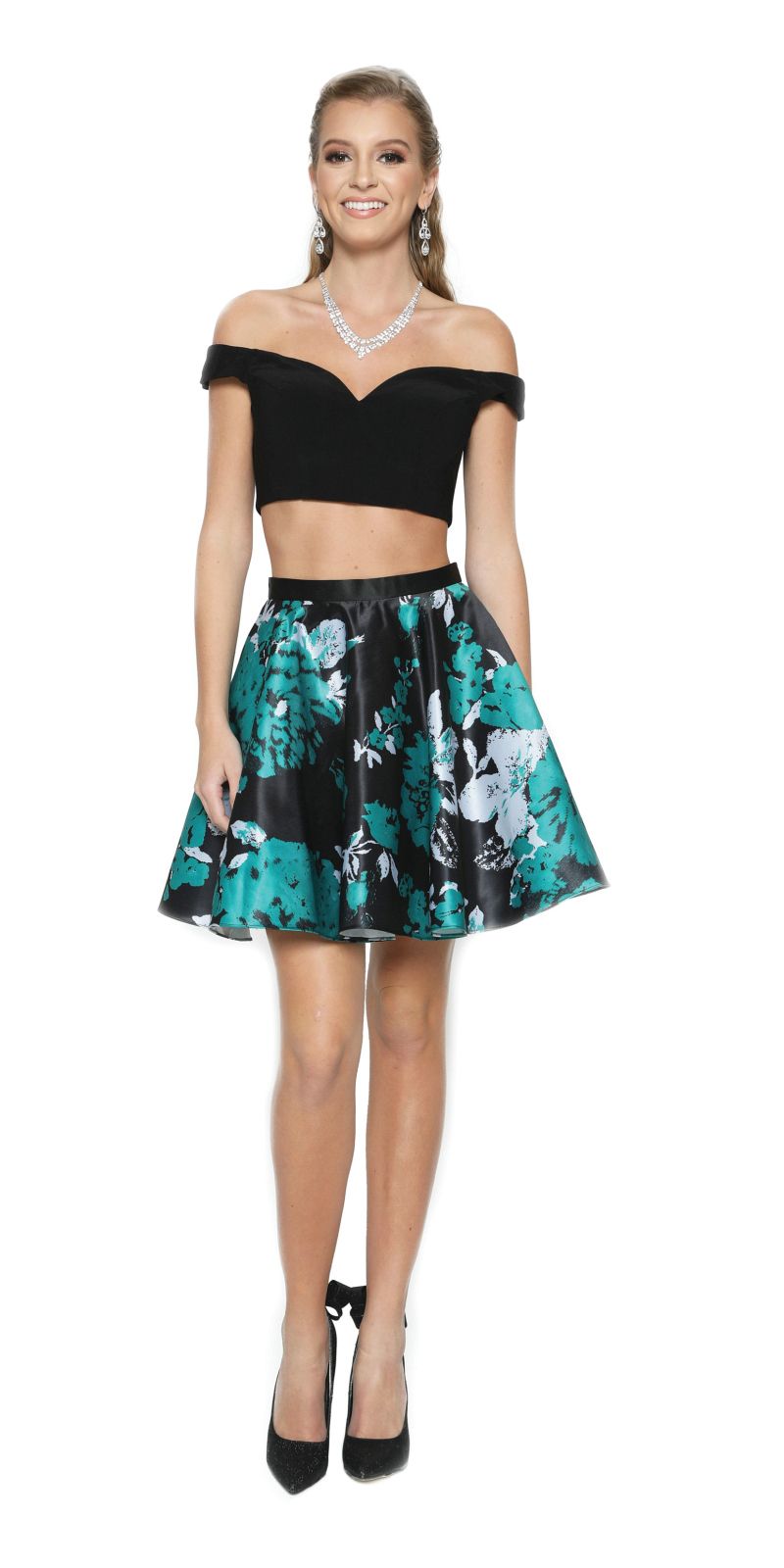 Two-Piece Short Party Dress Print Skirt Off-Shoulder Green