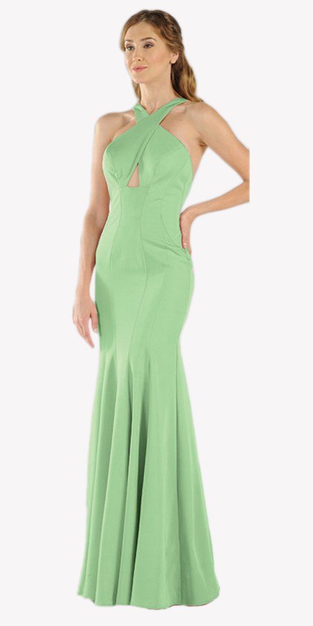 Poly USA 8058 Green Keyhole Bodice Fit and Flare Long Formal Dress