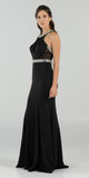 High Neckline Embellished Evening Gown Keyhole Bodice Black