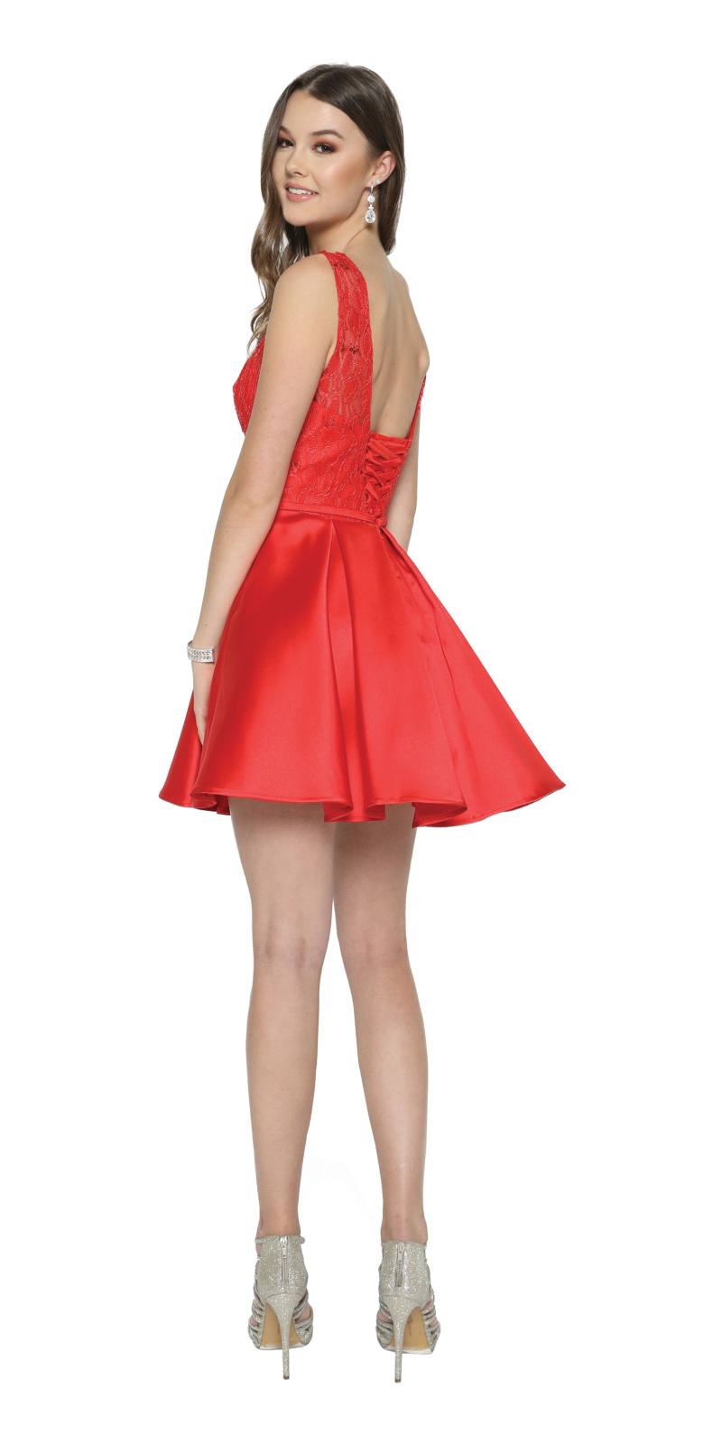 Red Homecoming Short Dress Lace-Up Back Satin Skirt