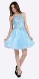 Blue Lace Applique Bodice Short Prom Dress Sleeveless Cut Out Back
