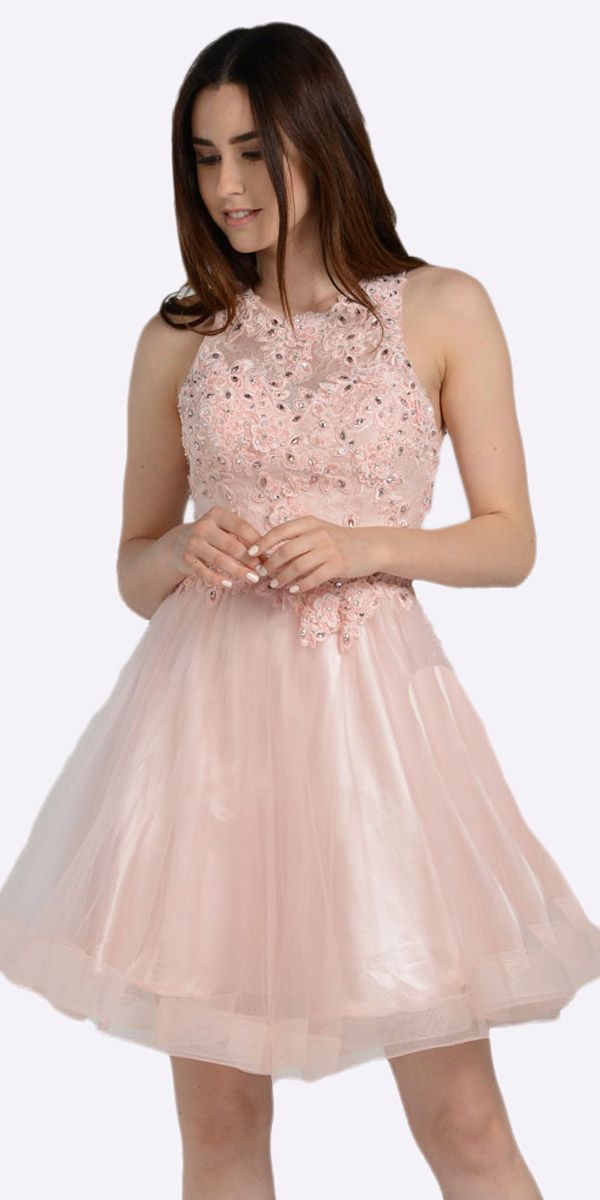 Blush Lace Applique Bodice Short Prom Dress Sleeveless Cut Out Back