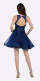 Navy Blue Lace Applique Bodice Short Prom Dress Sleeveless Cut Out Back