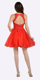 Red Lace Applique Bodice Short Prom Dress Sleeveless Cut Out Back