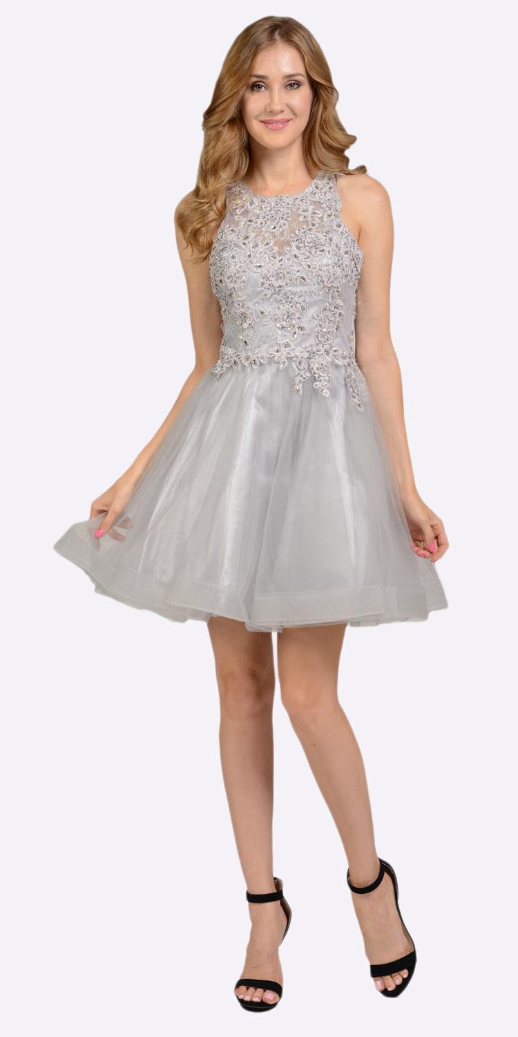 Light Silver Lace Applique Bodice Short Prom Dress Sleeveless Cut Out Back