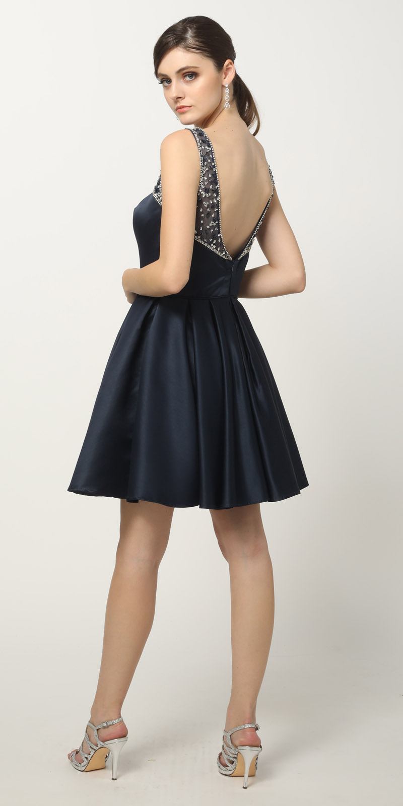 Sleeveless Short Prom Dress Beaded Illusion Neckline Navy Blue