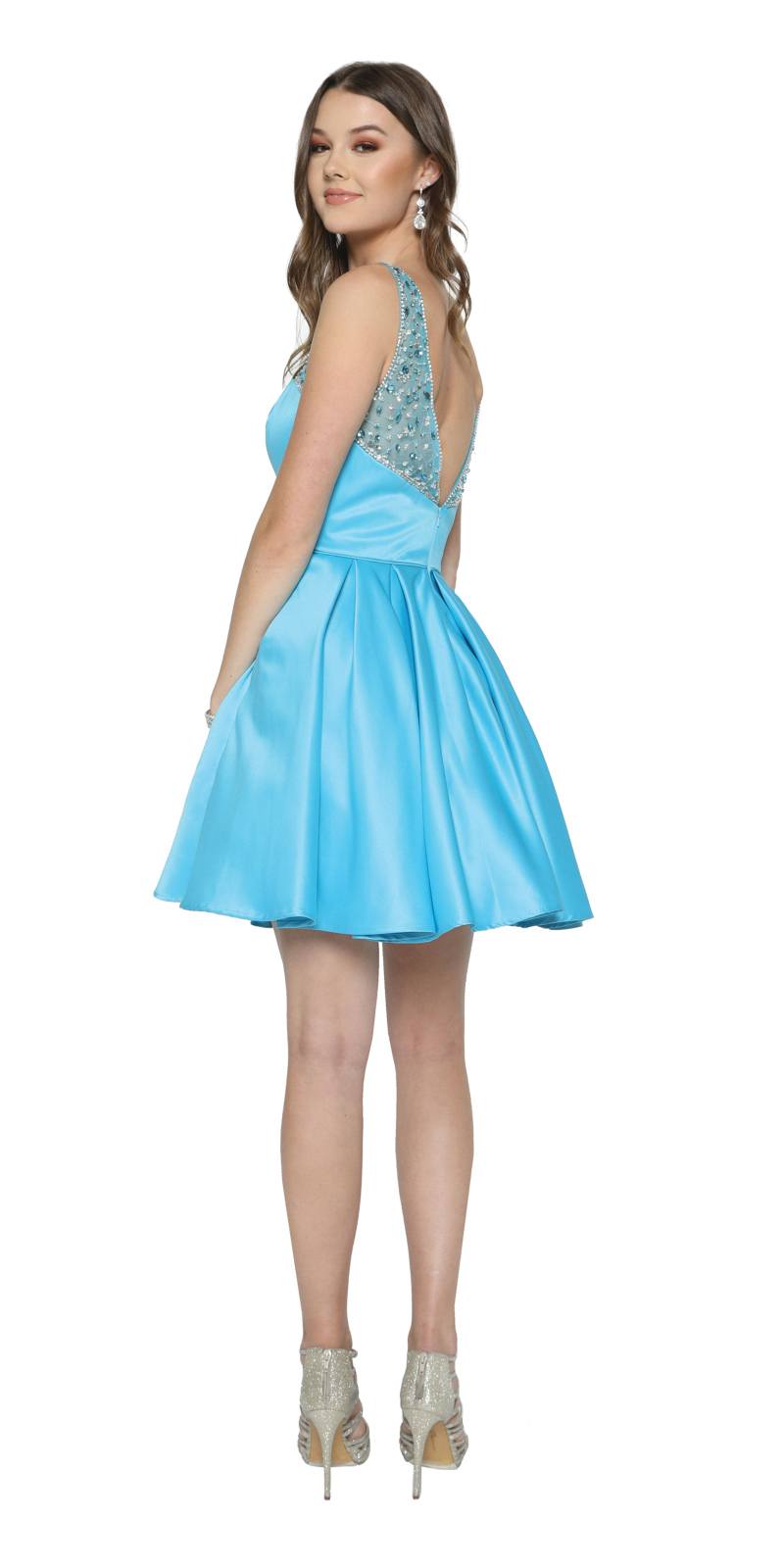 Sleeveless Short Prom Dress Beaded Illusion Neckline Turquoise